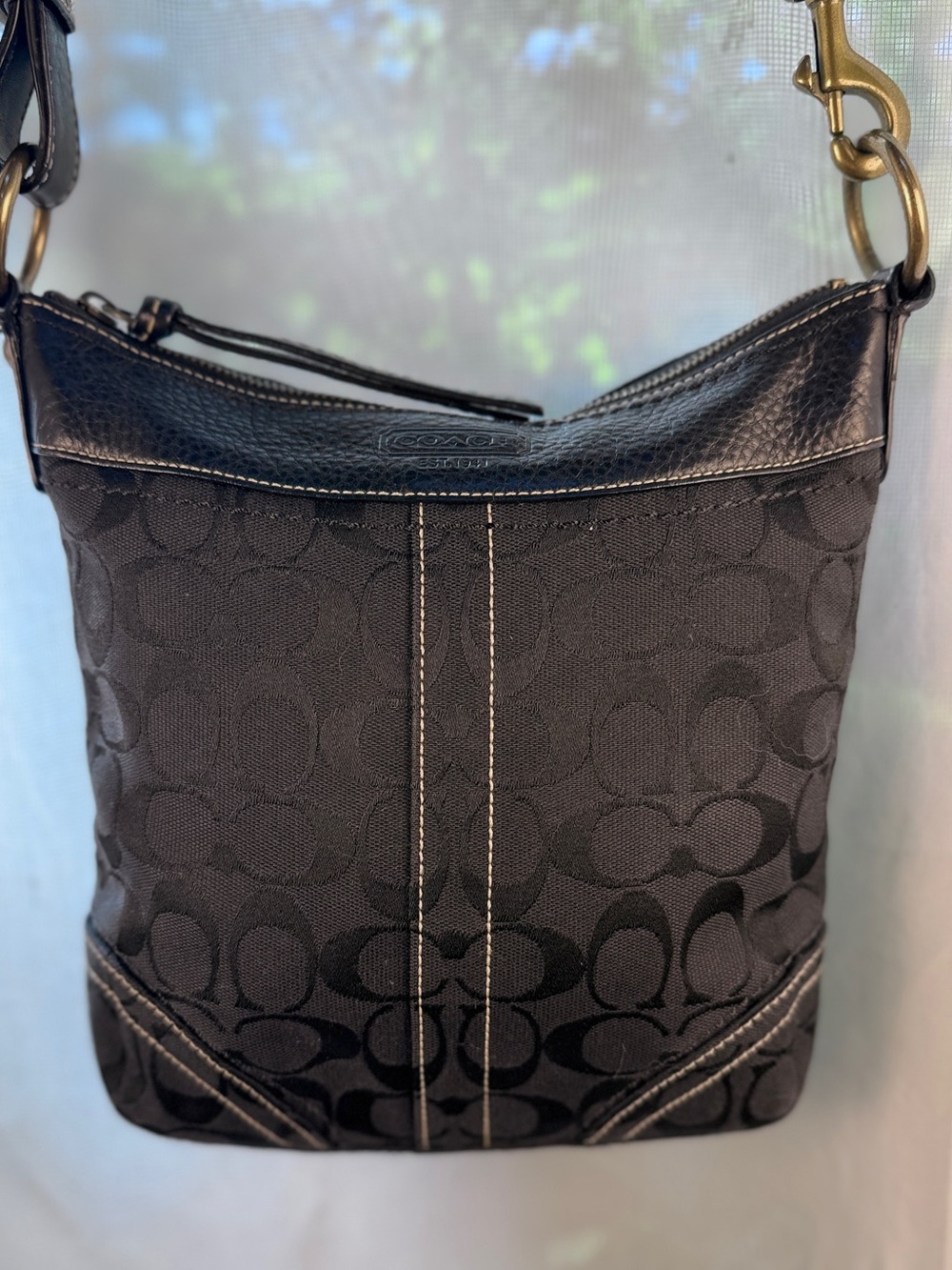 Coach Y2K Black Signature Small Duffle Crossbody Leather Trim Brass (10402) EUC